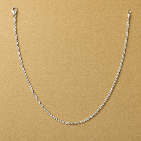 20-inch 925 sterling silver 2mm diamond-cut rope necklace laid in an open U shape with lobster clasp