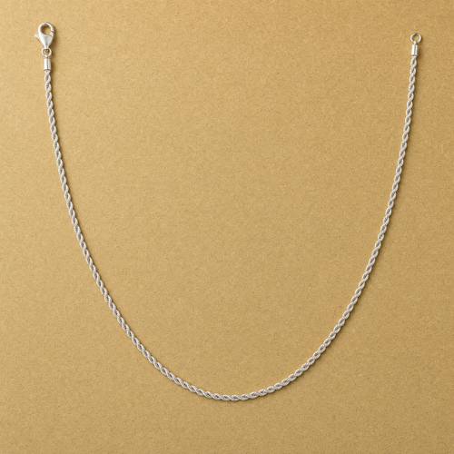 20-inch 925 sterling silver 2mm diamond-cut rope necklace laid in an open U shape with lobster clasp