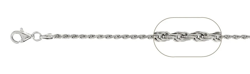 040 Rhodium Sterling Silver Rope Chain, 18 inches - 24 inches