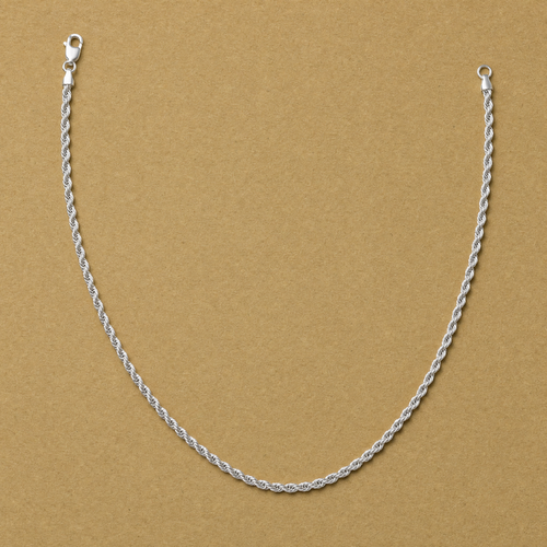 20-inch 925 sterling silver 2.5mm diamond-cut rope necklace laid in an open U shape with lobster clasp