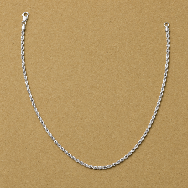20-inch 925 sterling silver 2.5mm diamond-cut rope necklace laid in an open U shape with lobster clasp