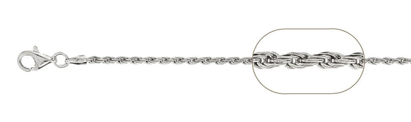 925 Sterling Silver Rope Chain 050 / 2.5mm, 16 inches - 30 inches